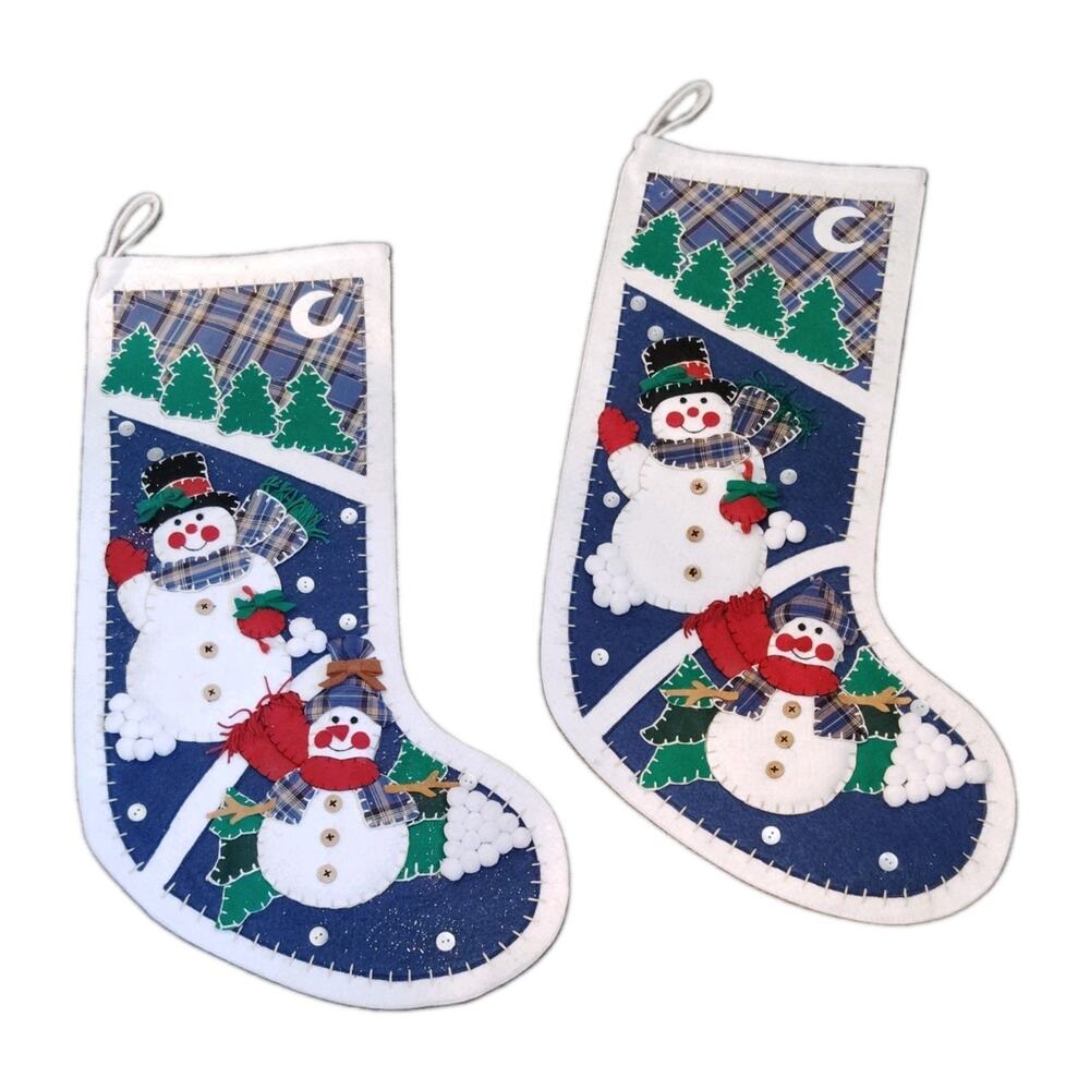 Two Handmade Felt Applique Christmas Stockings Snowman Buttons Trees Completed